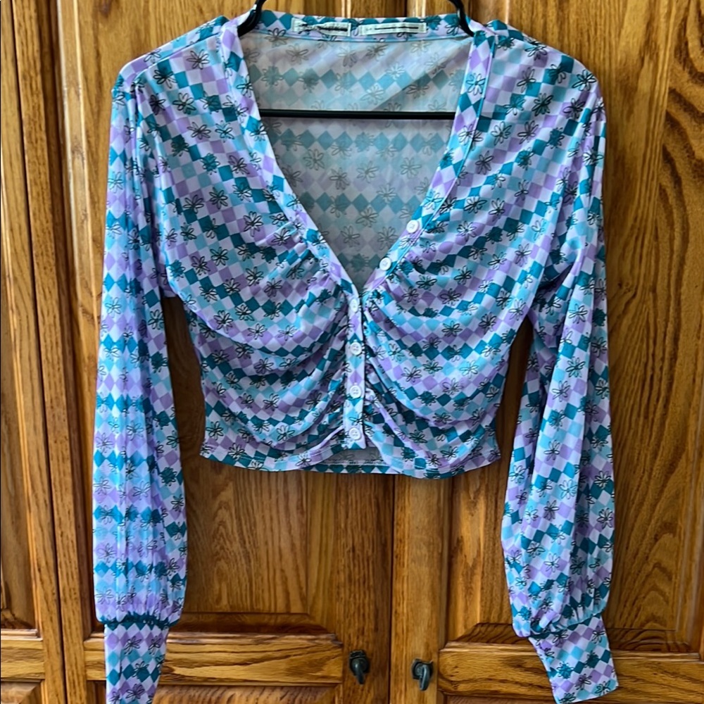 Urban Outfitters Blue and Purple Ruched Crop Blouse